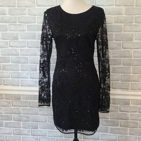 Altar'd State Black Ania Sequin Beaded Lace Dress NEW Large Cocktail Goth Glam - Picture 1 of 9